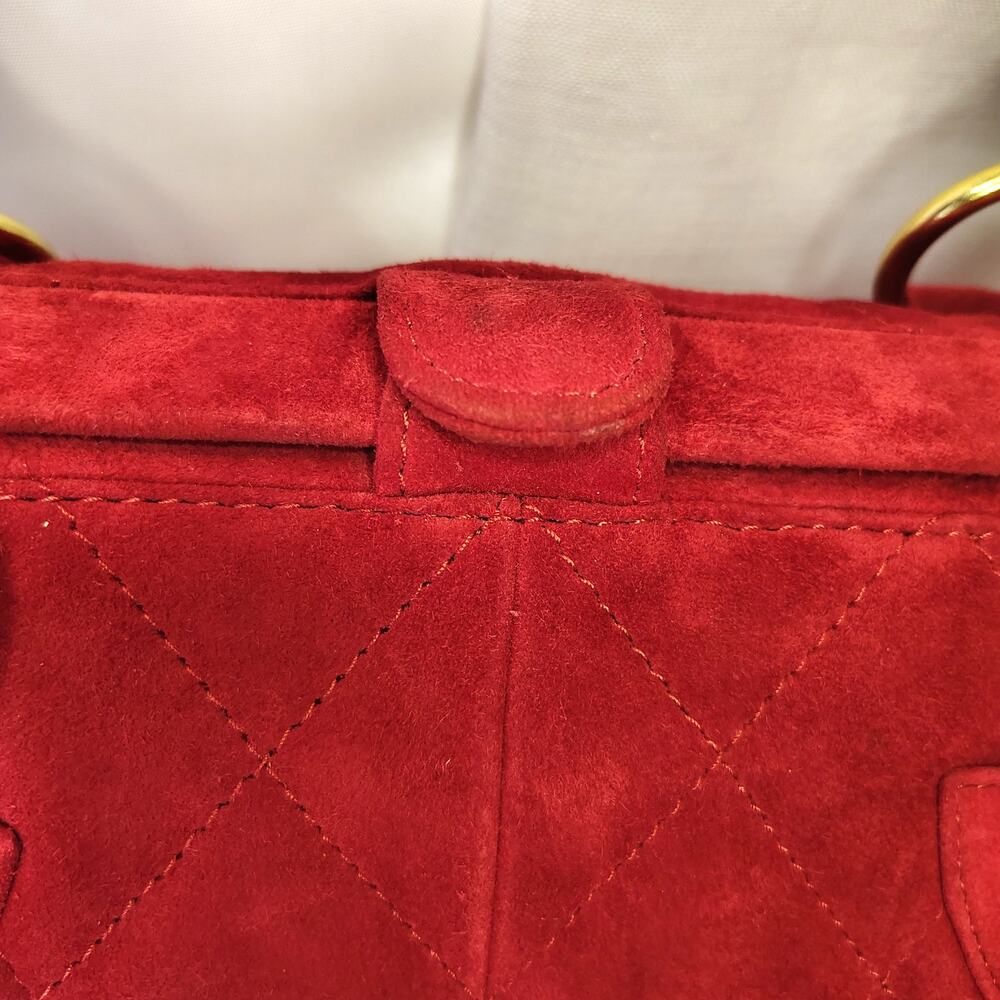 Vintage Red Quilted Suede Leather Satchel Handbag Gold Hardware Top Handle Purse - Picture 6 of 16